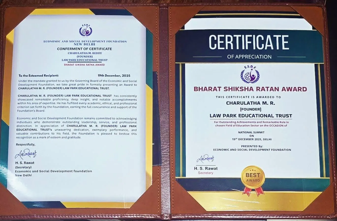 Bharat Shiksha Ratan Award Certificate